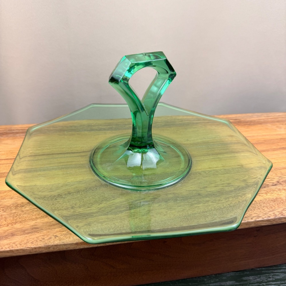 Vintage Green Uranium Glass Hexagonal Tidbit Tray Art Deco Center Handle 8.25"
